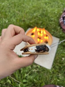 a hand holding a smores on a fire at Night Lights Festival