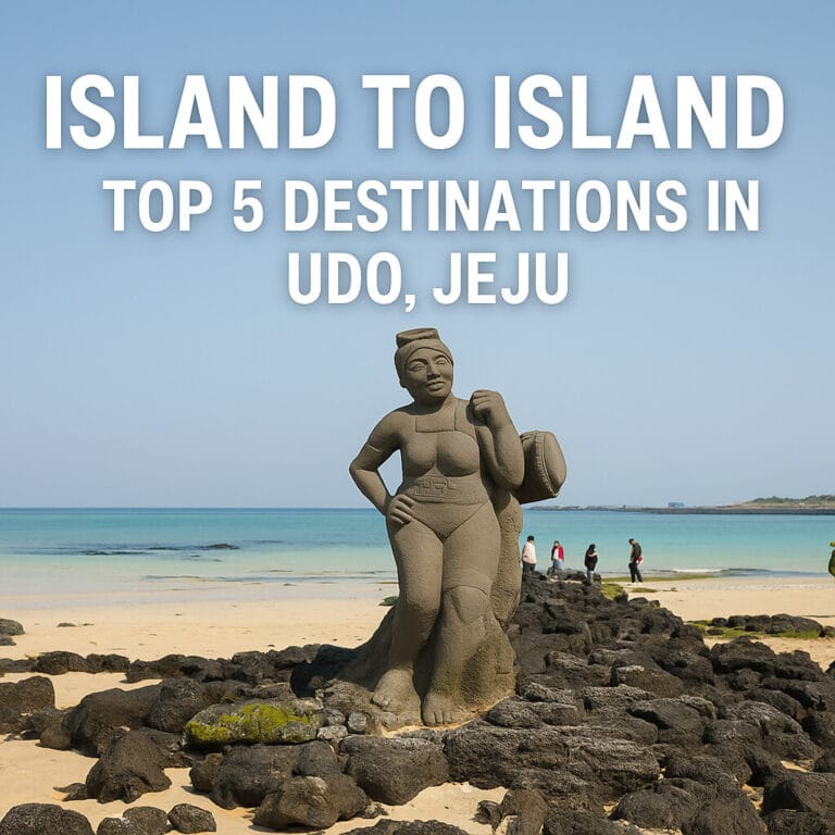 Statue on rocky beach in Jeju