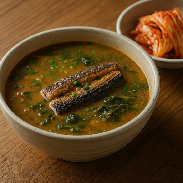 Bowl of soup with eel and kimchi