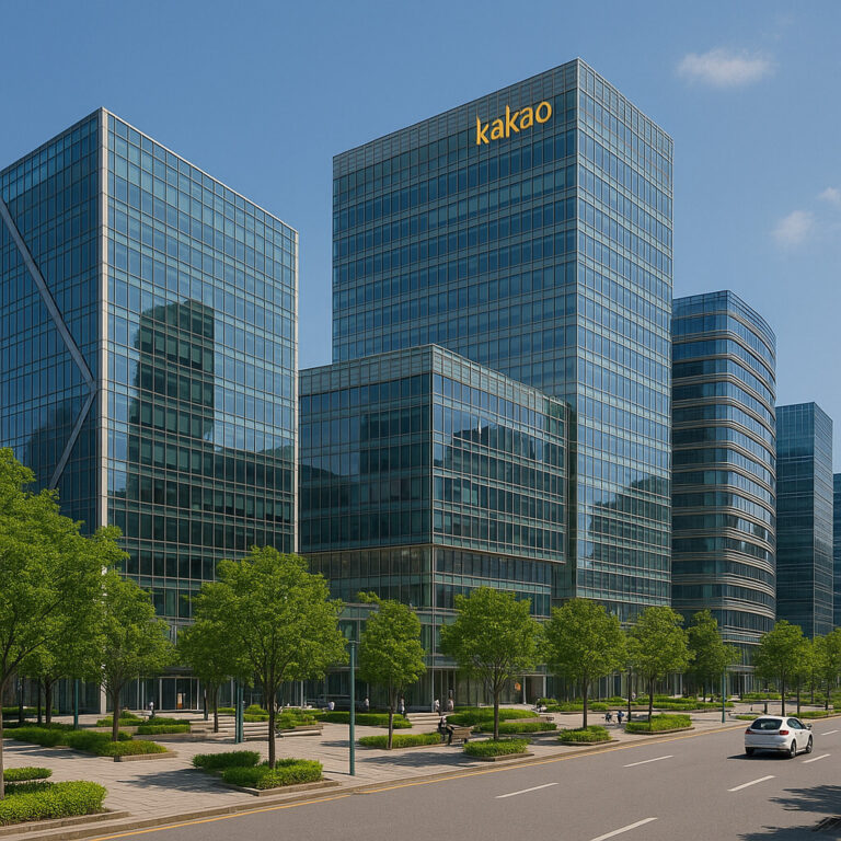 Modern glass buildings with greenery